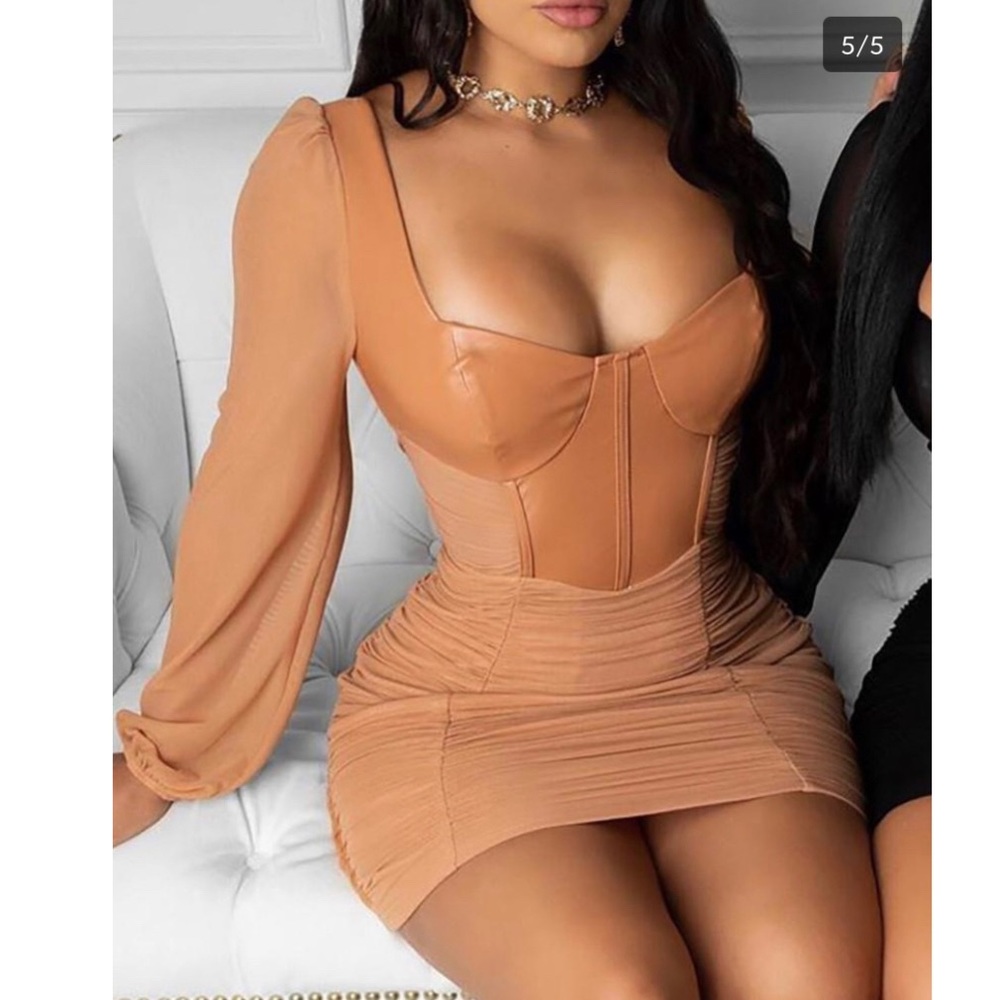 Ruched PU Leather Mesh Bodycon Dress